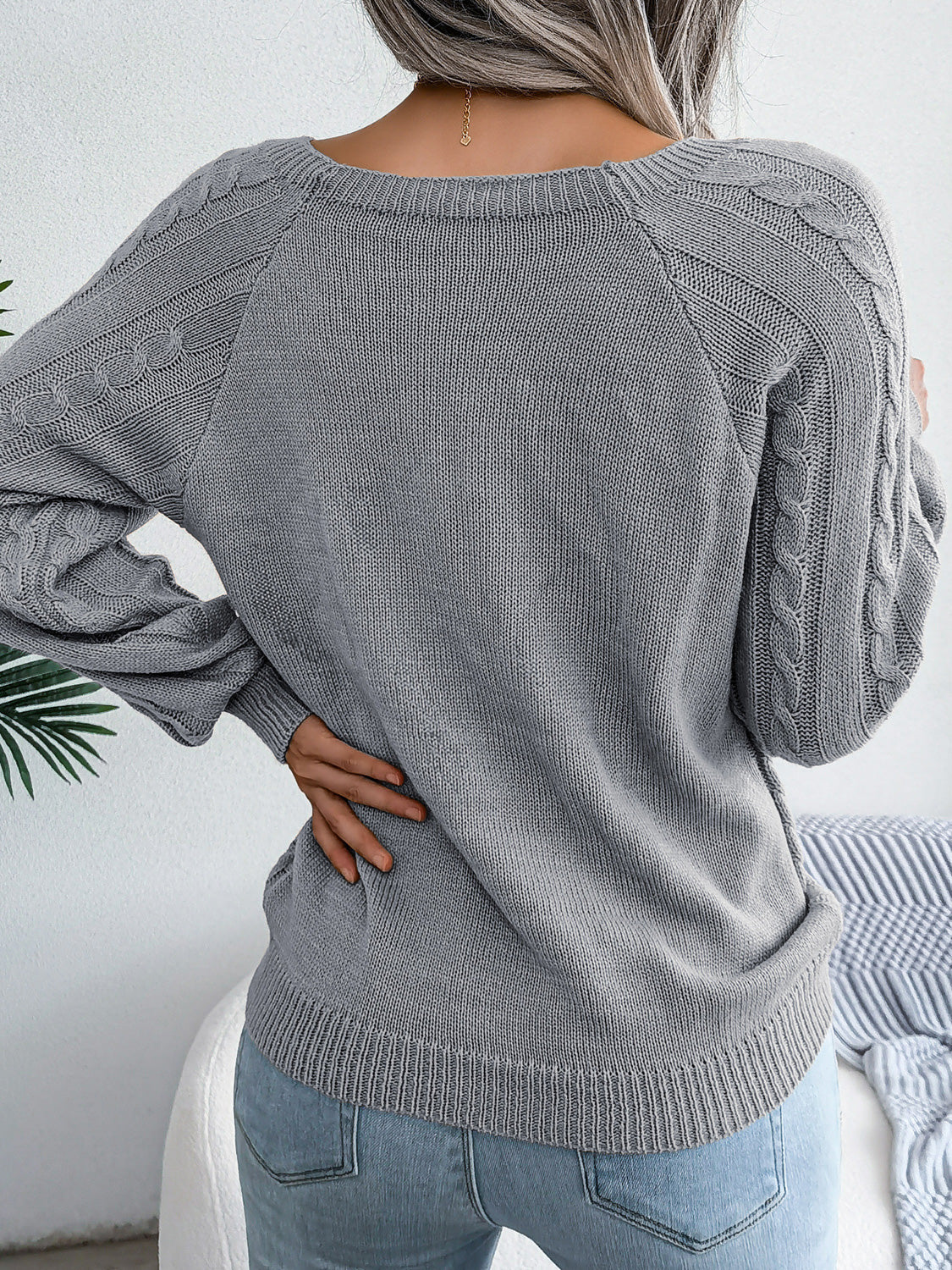 stylish cable knit sweater back look soft texture cozy winter outfit minimal design
