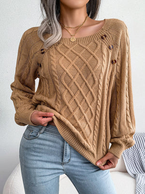 decorative button cable knit sweater front view stylish winter outfit