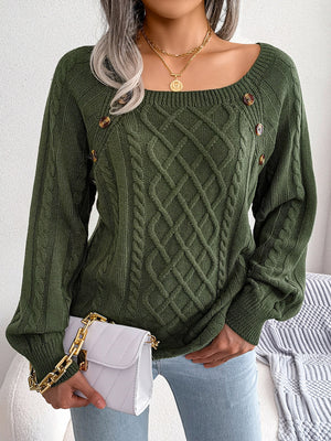 women decorative button sweater cable knit front look