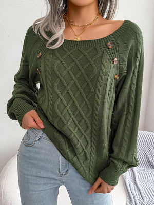 warm cable knit sweater front side with button detail