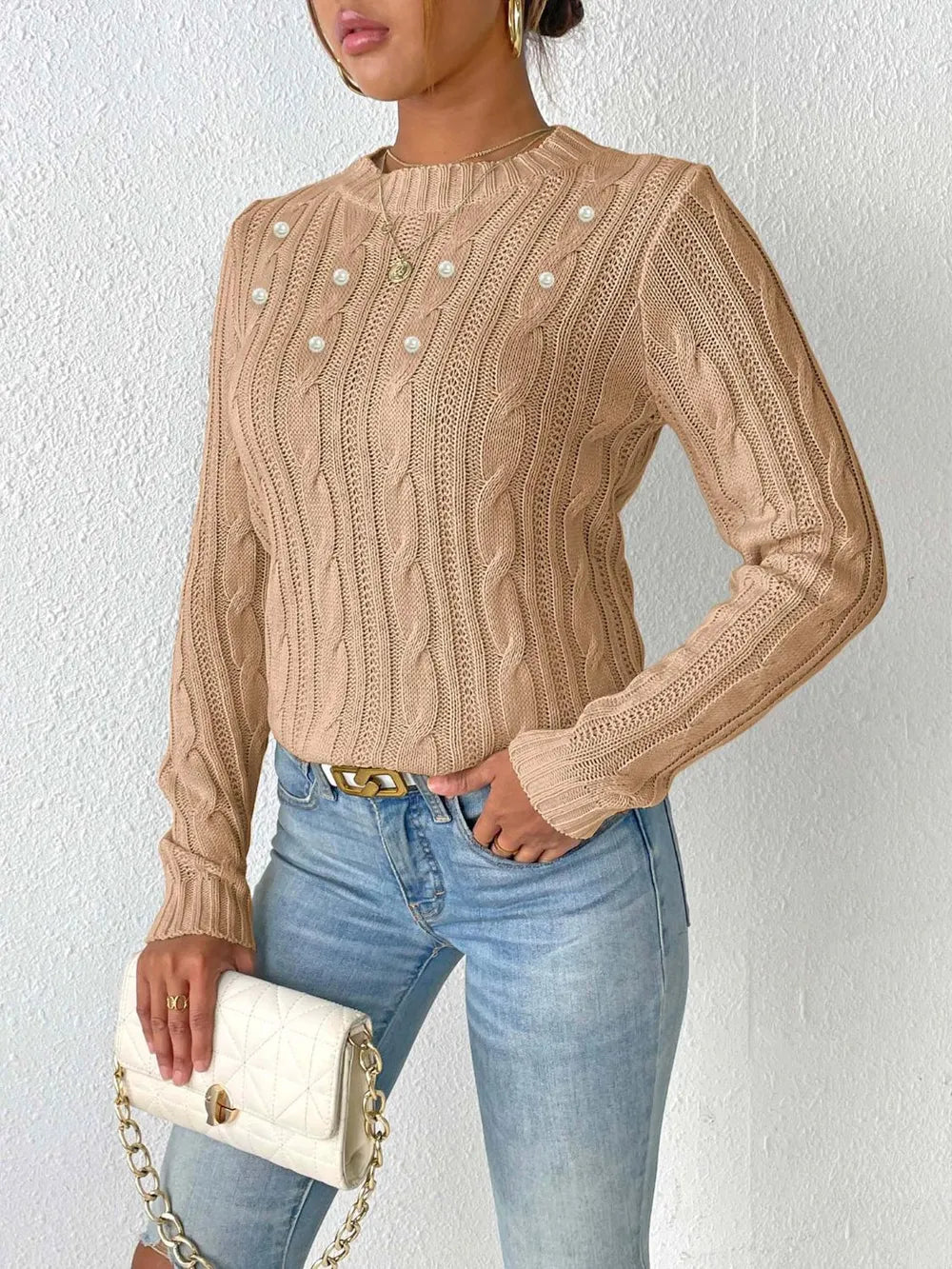 Front look cable knit sweater round neck long sleeve casual style