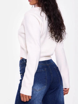 Back view of cropped V-neck button-up cardigan