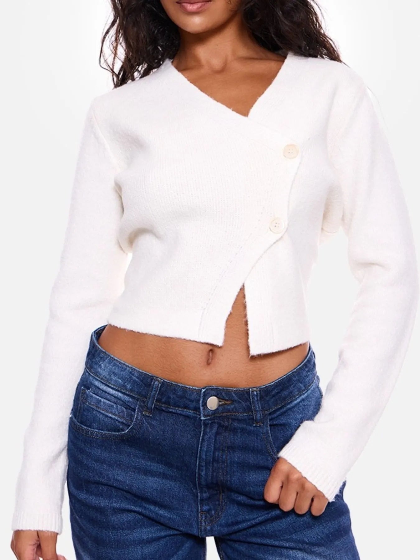Front view of cropped V-neck button-up cardigan