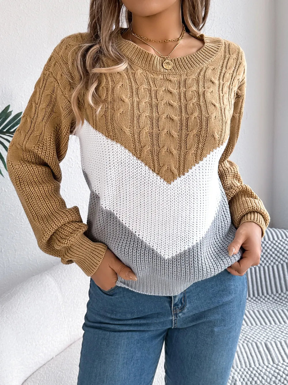 Color block cable knit sweater front view casual outfit