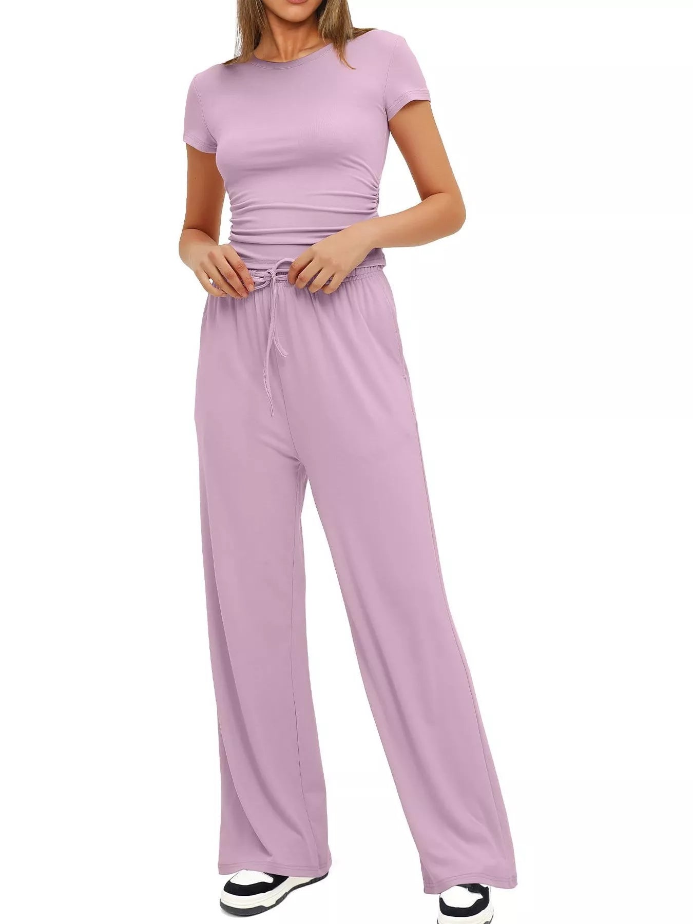 Casual fit short sleeve top and pants set front