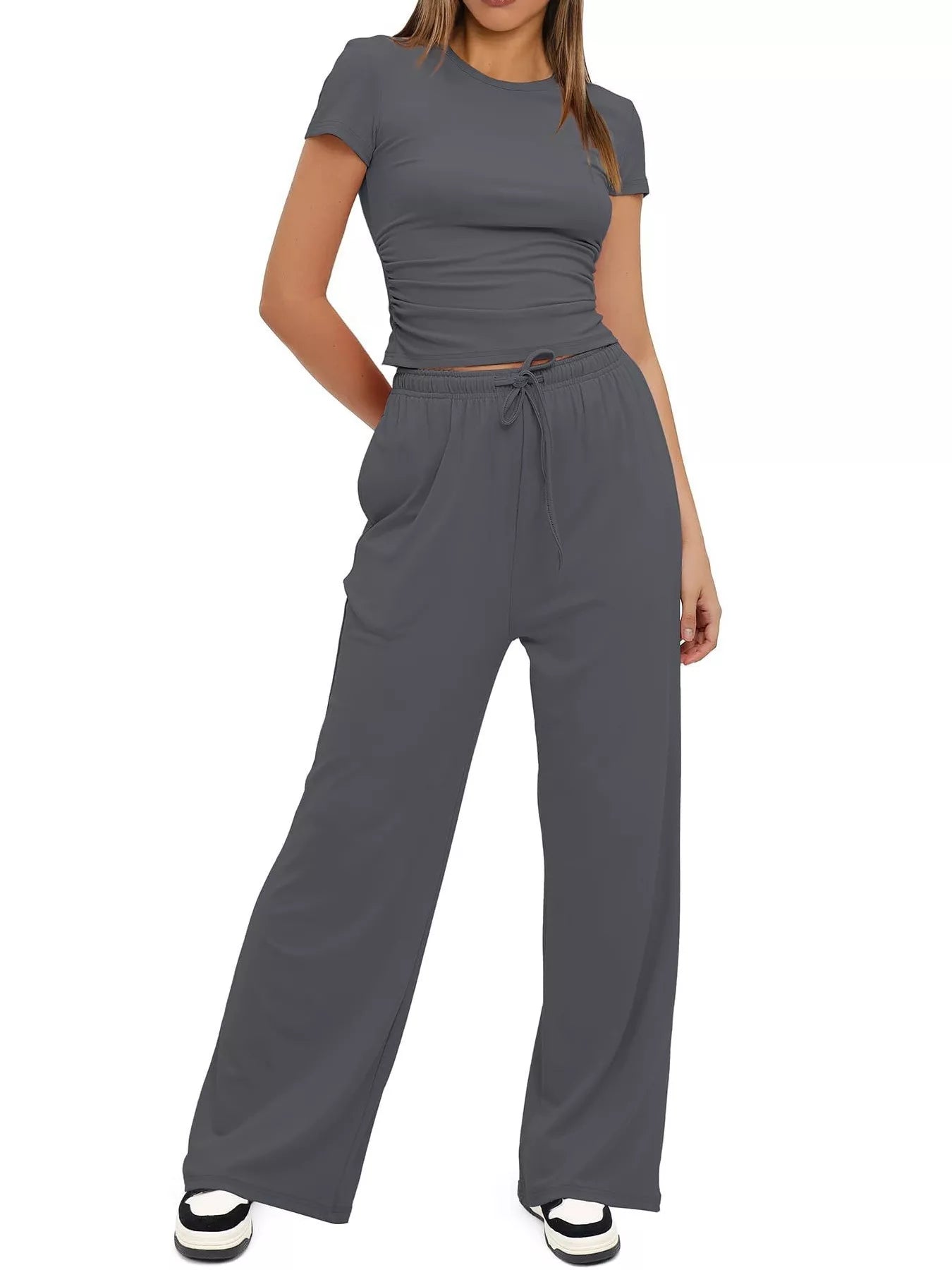 Casual homewear short sleeve top and drawstring pants front