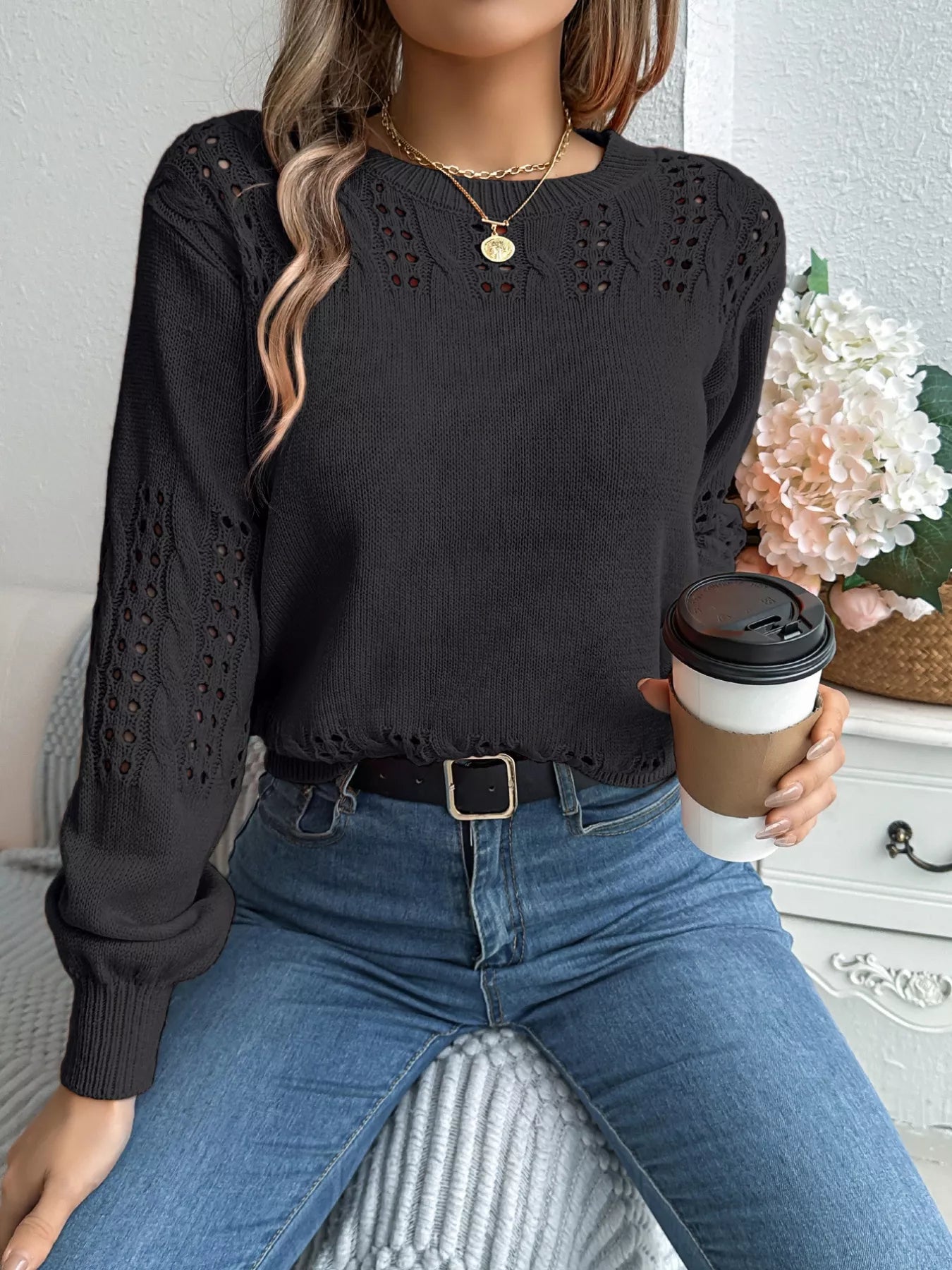 Casual eyelet knit sweater front everyday style