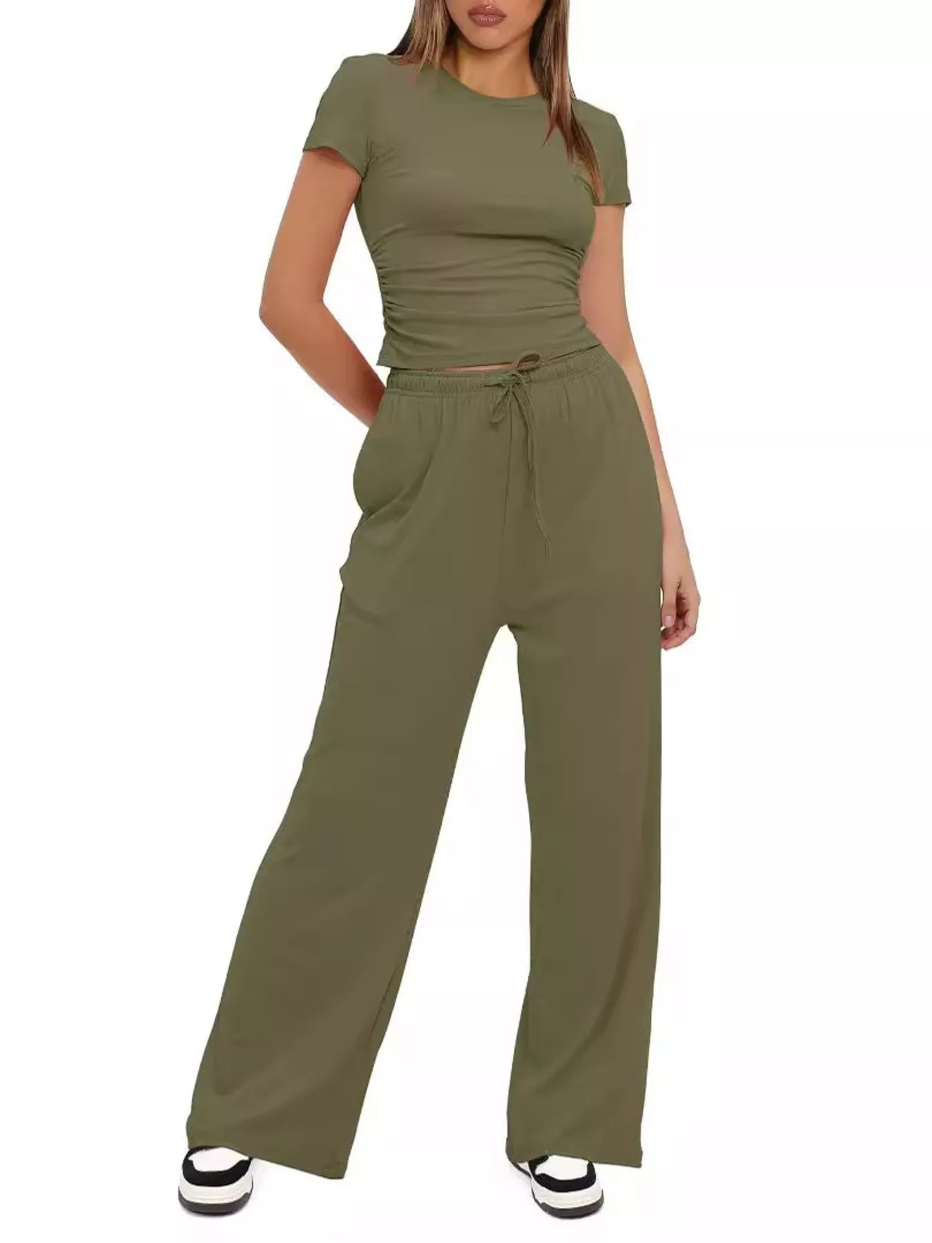 Short sleeve casual top and drawstring pants set front