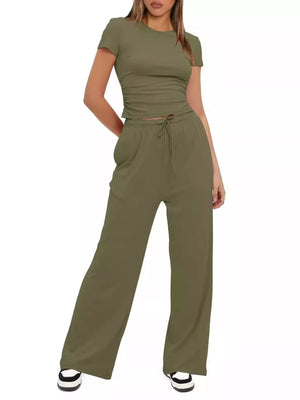 Short sleeve casual top and drawstring pants set front