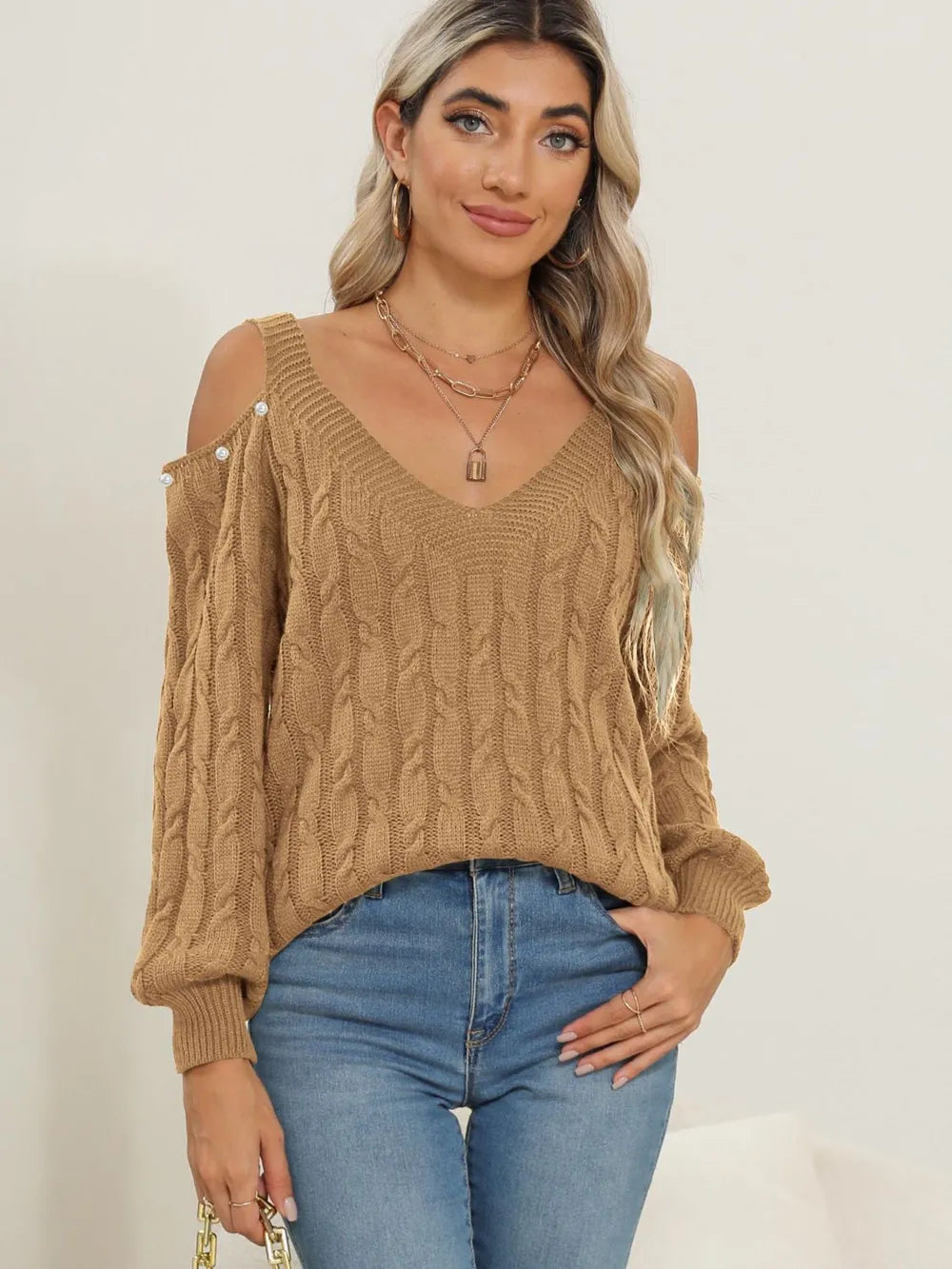 Trendy Cable-Knit Cold Shoulder Sweater front image for seasonal fashion