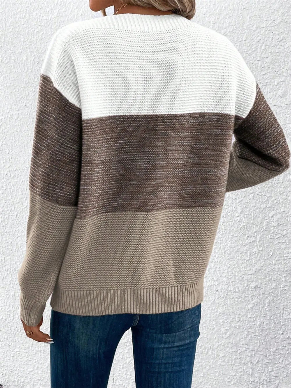 Rear view of drop shoulder color block sweater