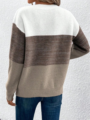 Rear view of drop shoulder color block sweater
