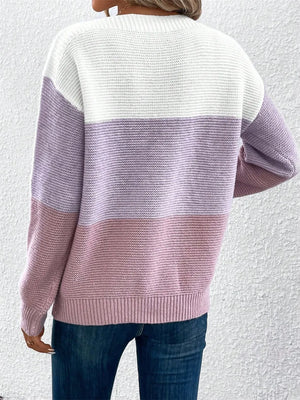 Back side of color block drop shoulder knit sweater