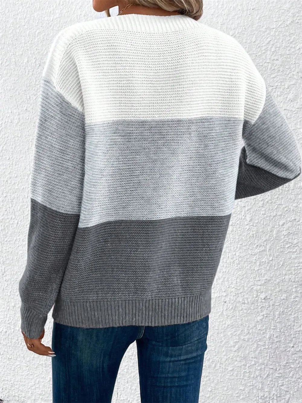 Rear view of oversized drop shoulder sweater