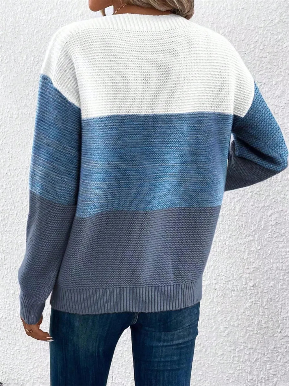 Back view of modern colorblock knit sweater