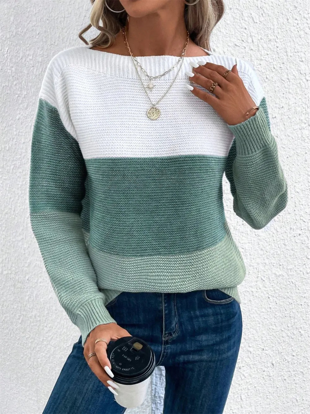 Stylish colorblock sweater with relaxed drop shoulder front look