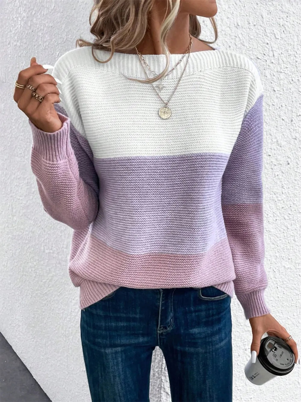 Trendy casual drop shoulder sweater front view