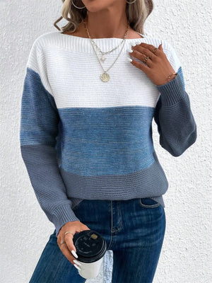 Front view relaxed fit color block sweater
