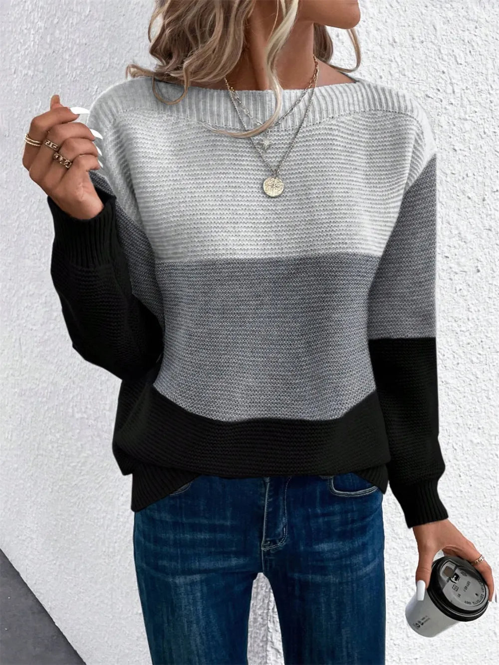 Trendy drop shoulder sweater front detail