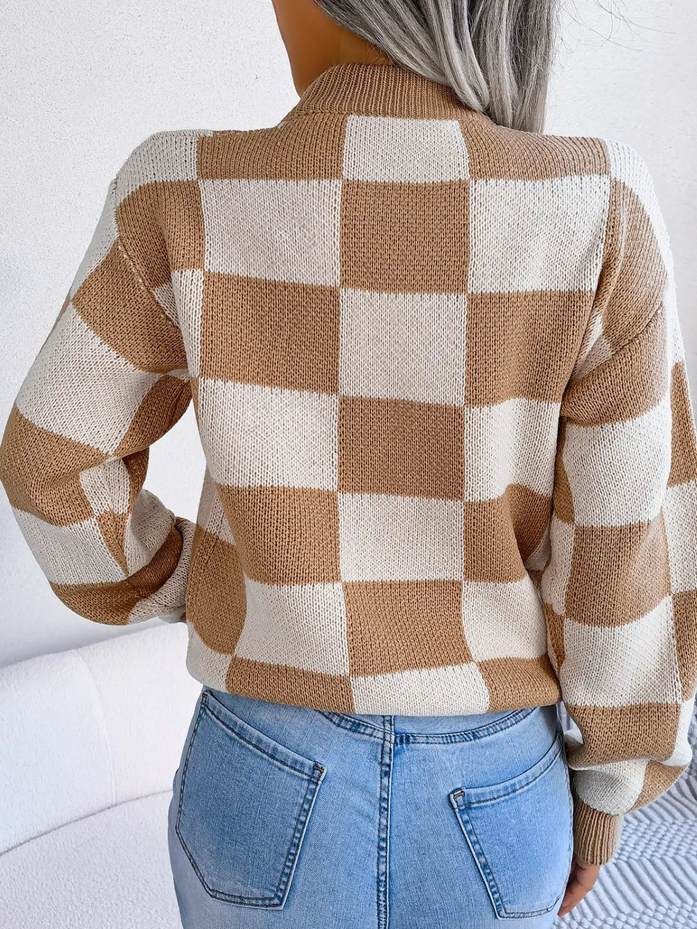 stylish back side of checkered sweater