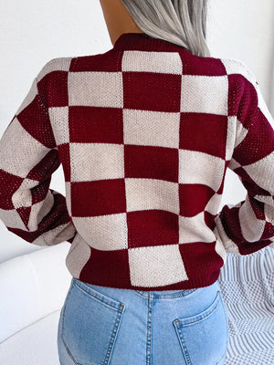 full back view of checkered long sleeve sweater