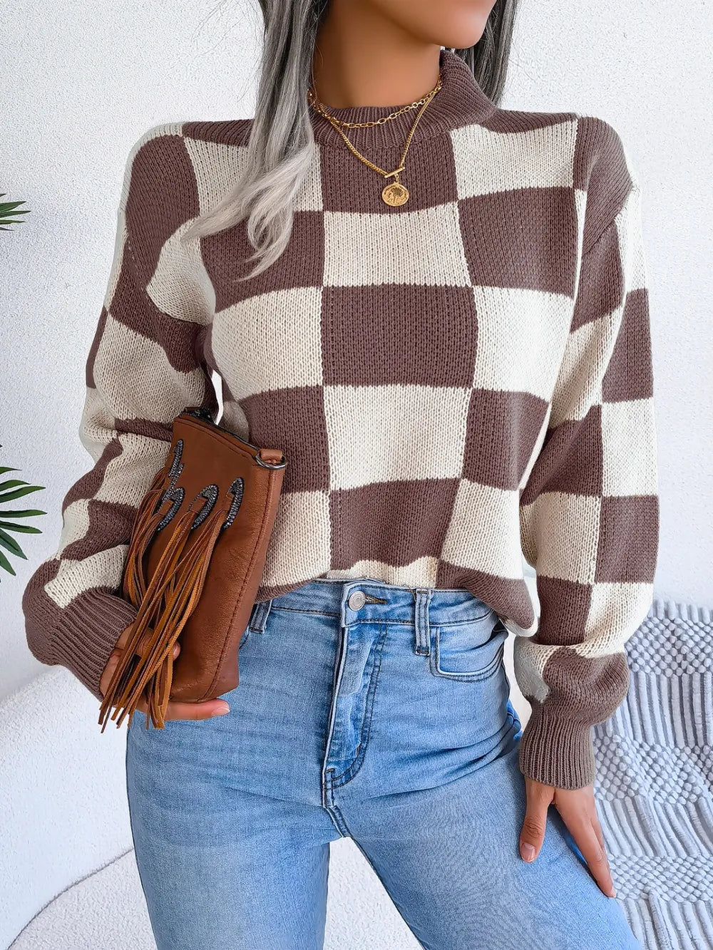 comfortable front style checkered knit sweater