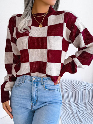 cozy front look of long sleeve checkered sweater