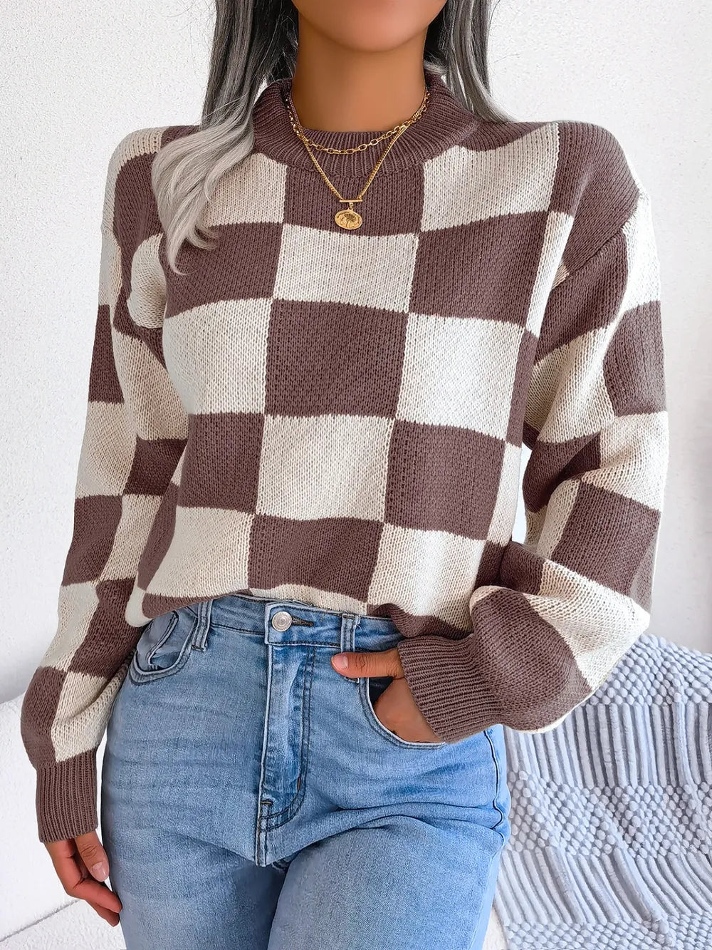 daily casual front look with checkered sweater