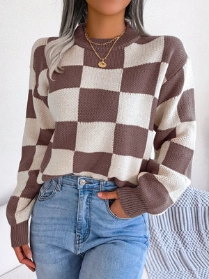 daily casual front look with checkered sweater