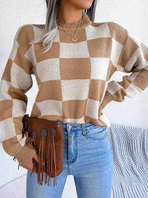 front detail of mock neck checkered sweater