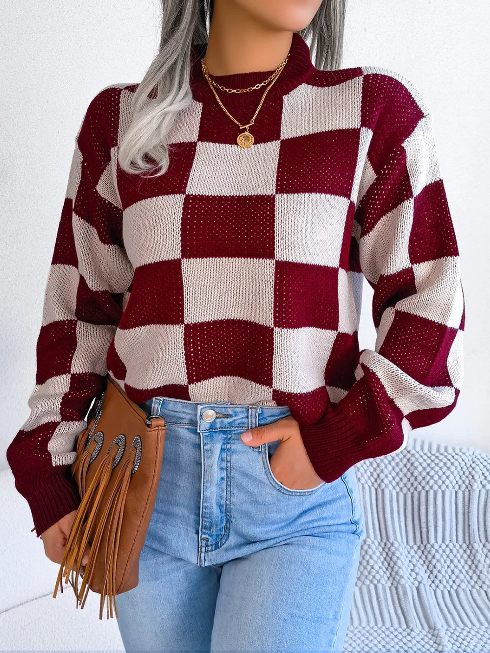 elegant front style of checkered sweater