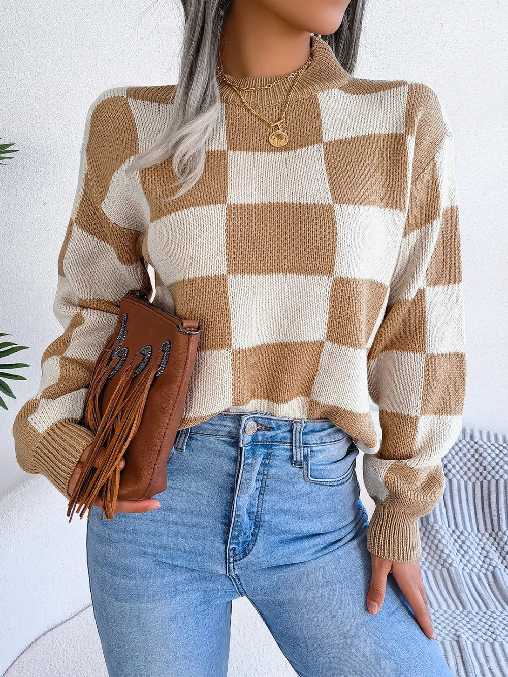 modern front view of checkered knit pullover