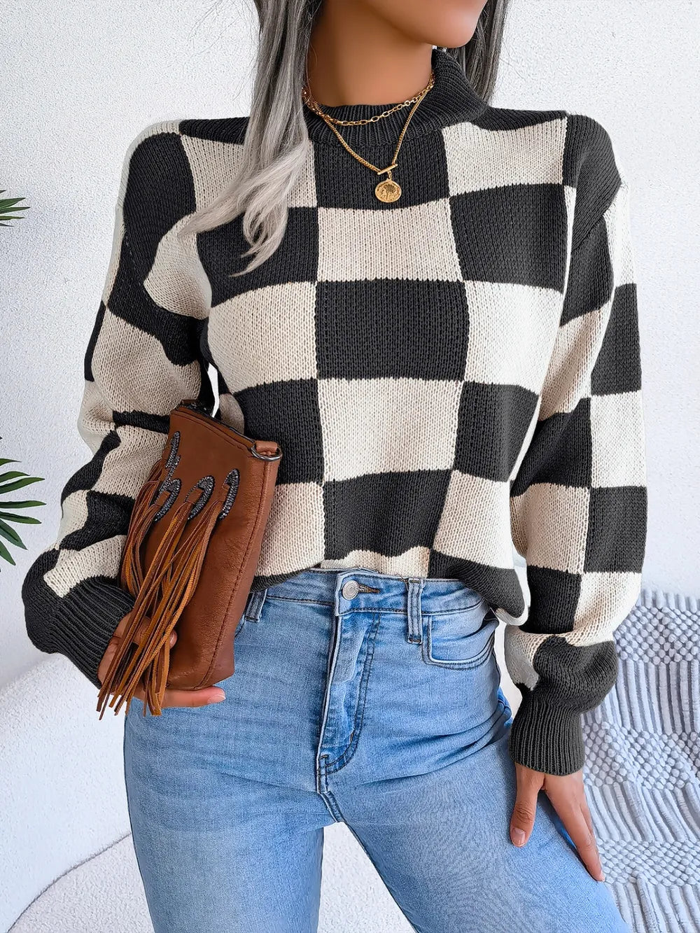 casual outfit with checkered mock neck sweater front view