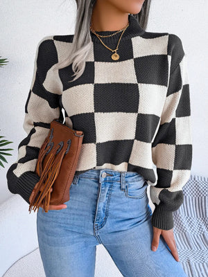 casual outfit with checkered mock neck sweater front view