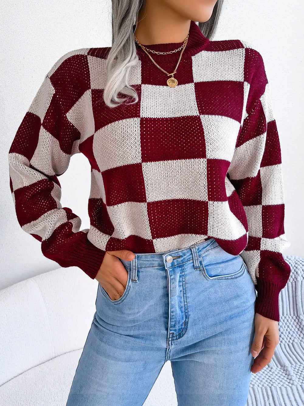 soft knit checkered sweater front look