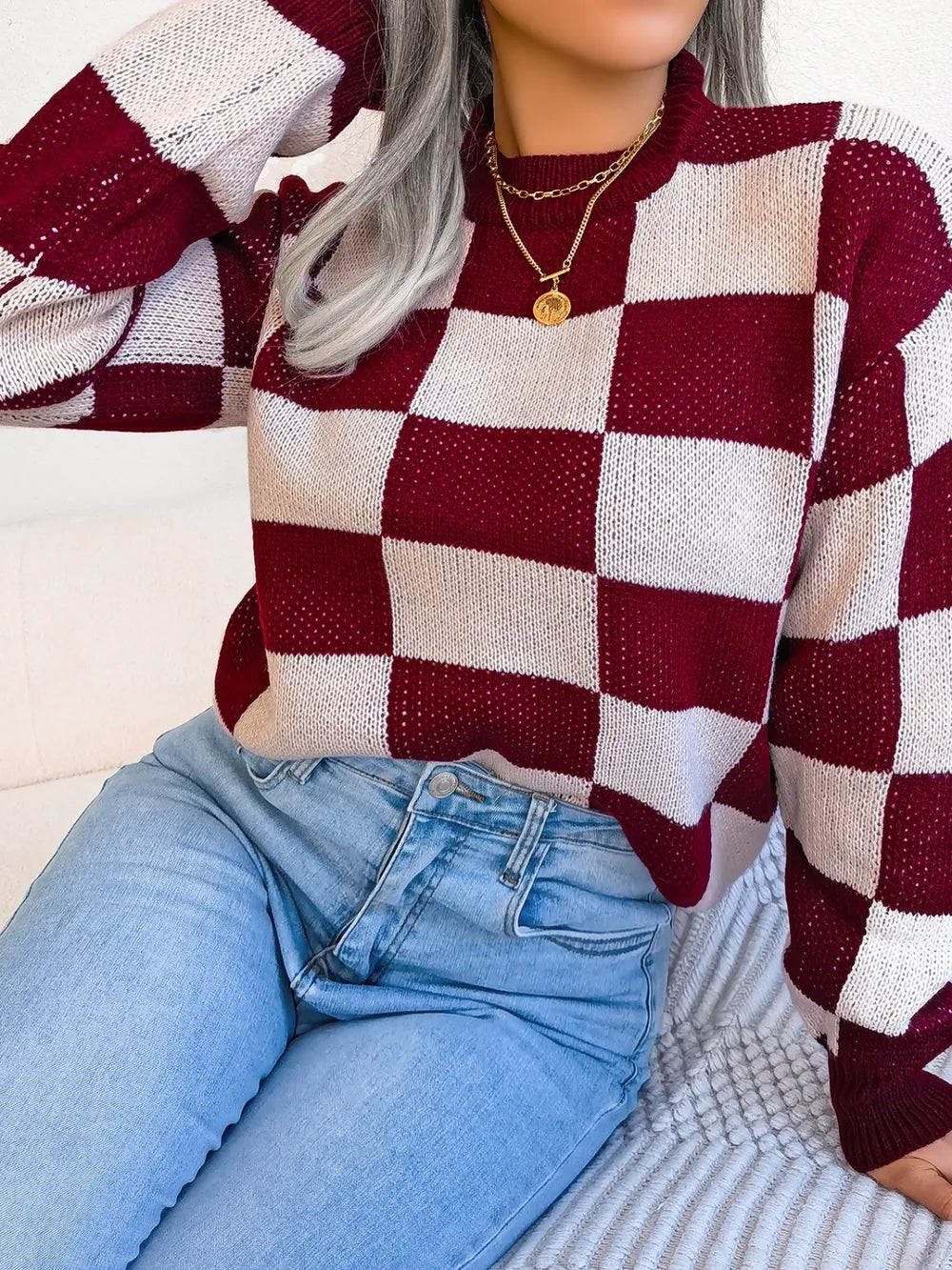 trendy front outfit with checkered knit sweater