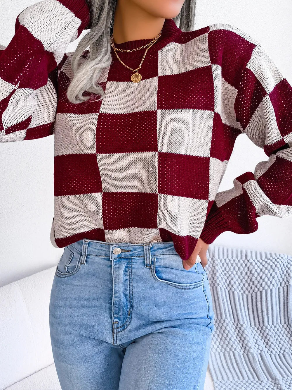 winter outfit with checkered sweater front view