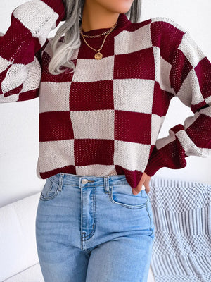 winter outfit with checkered sweater front view
