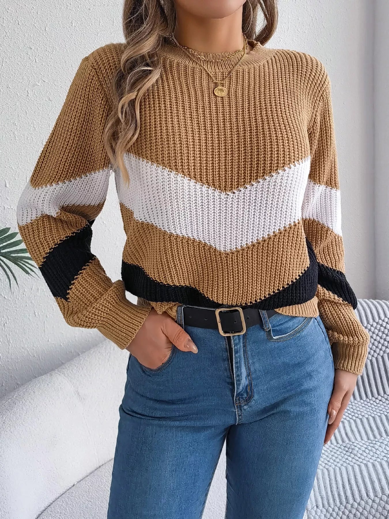 classic chevron stripe knit sweater front outfit