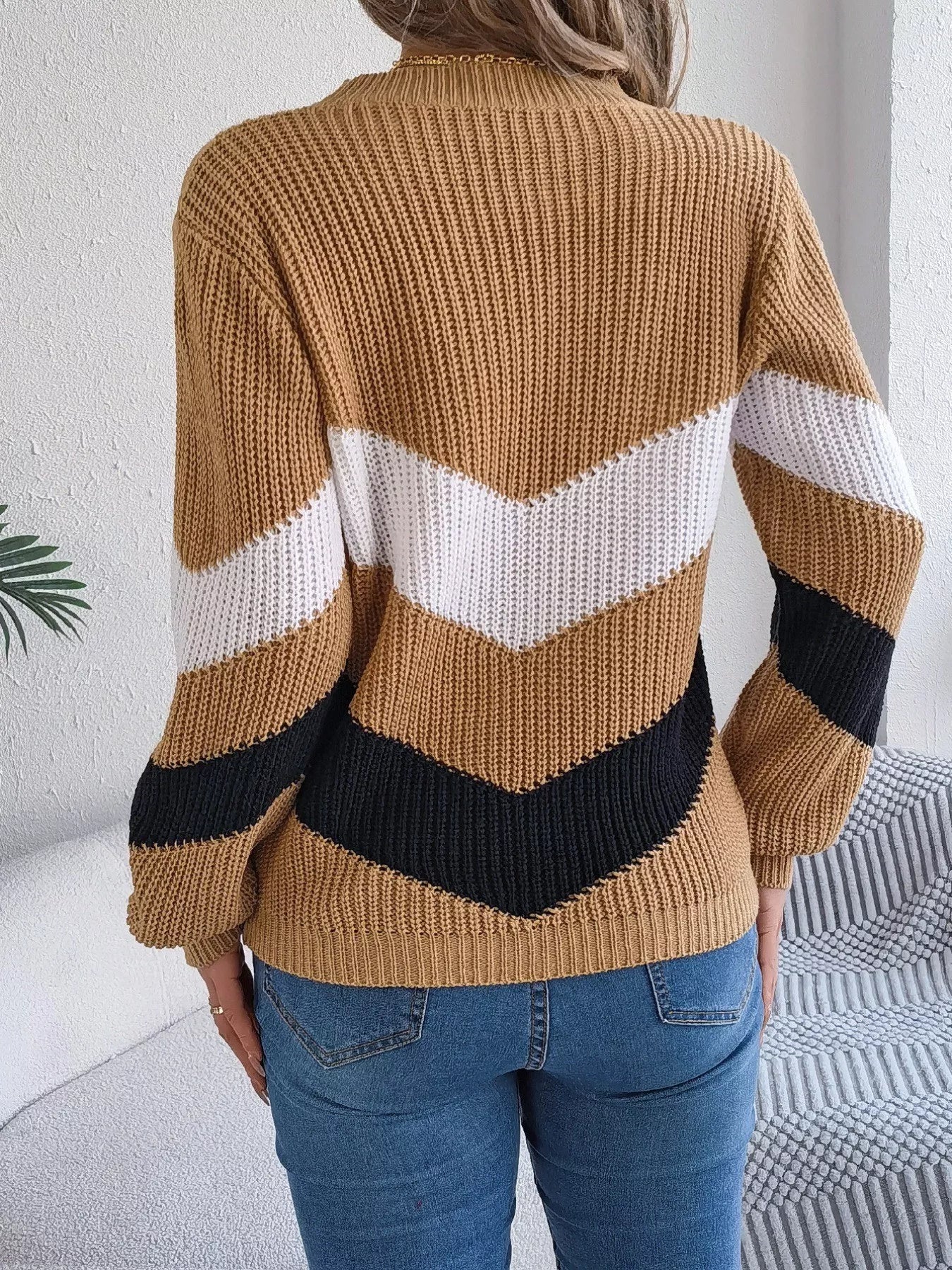 back view of chevron stripe sweater round neck casual wear