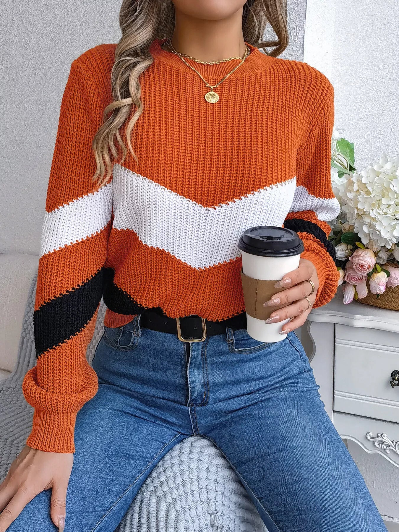 chevron stripe color block round neck sweater front view stylish knitwear