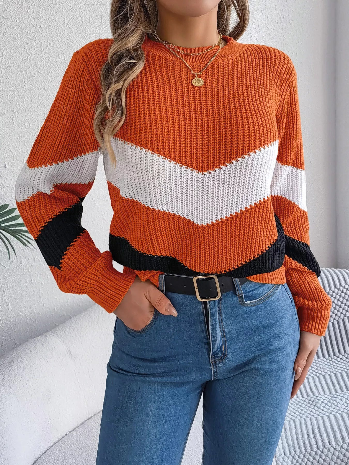 chevron pattern color block sweater front side modern knitwear