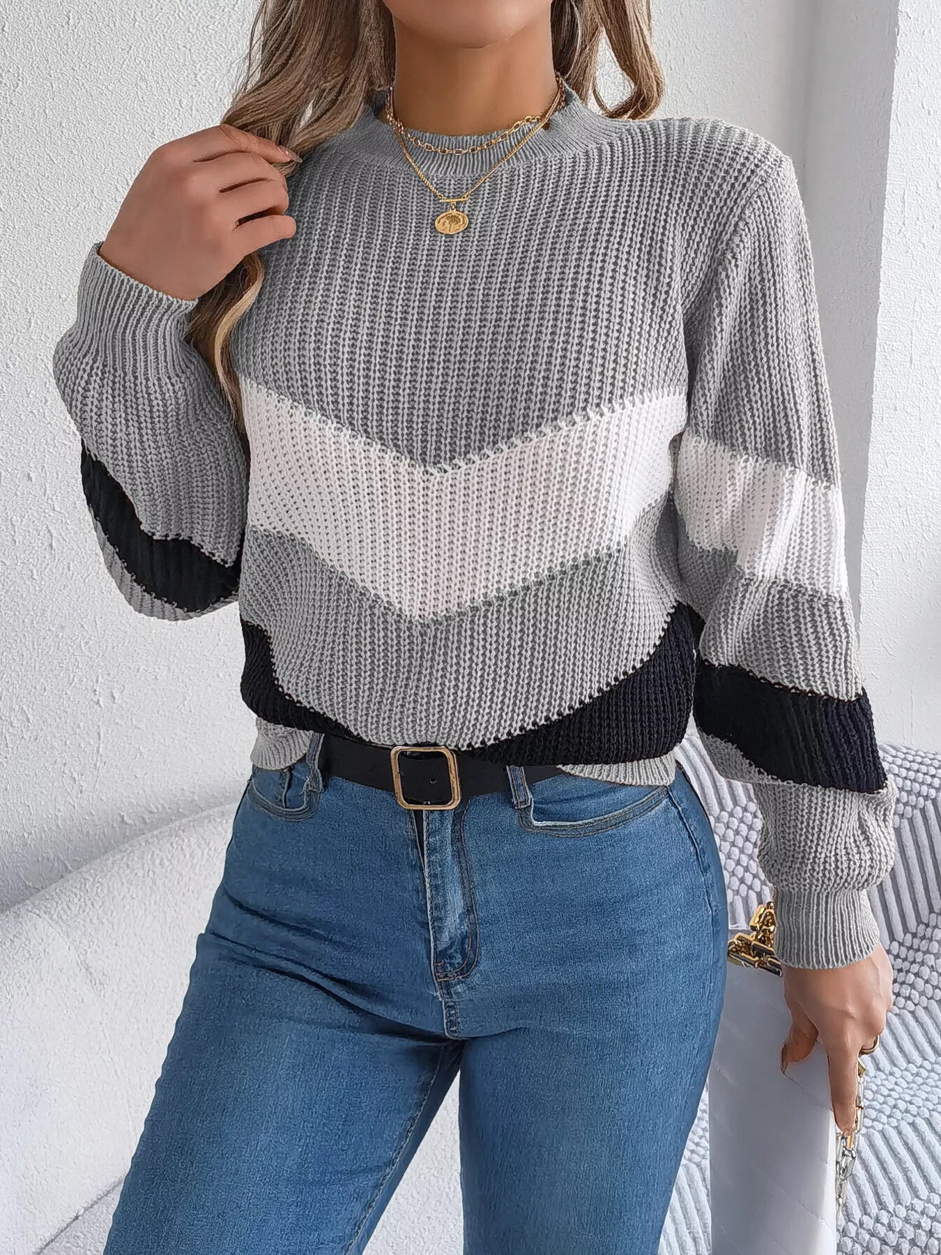 front look of chevron stripe sweater comfortable knitwear