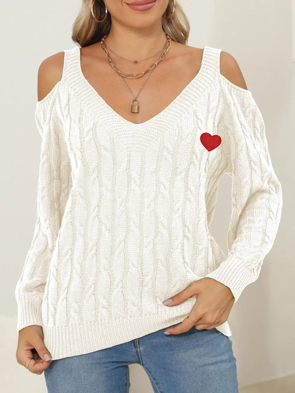 Classic front-facing Cable-Knit Heart V-Neck Sweater for cozy daily wear