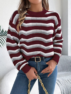 Front angle of striped round neck long sleeve sweater