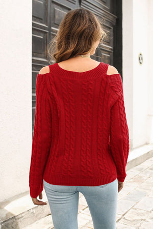 cold shoulder cable knit pullover sweater back view winter fashion