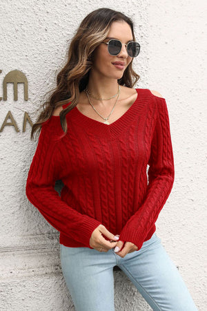 fashion cold shoulder v neck cable knit sweater front outfit