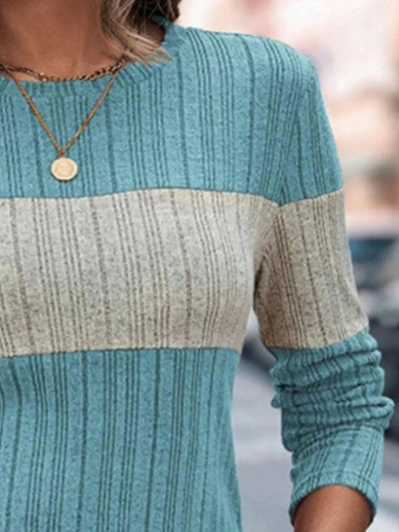 Front view color block knit sweater round neck style