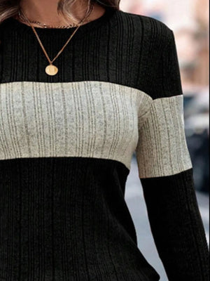 Casual round neck color block sweater front view
