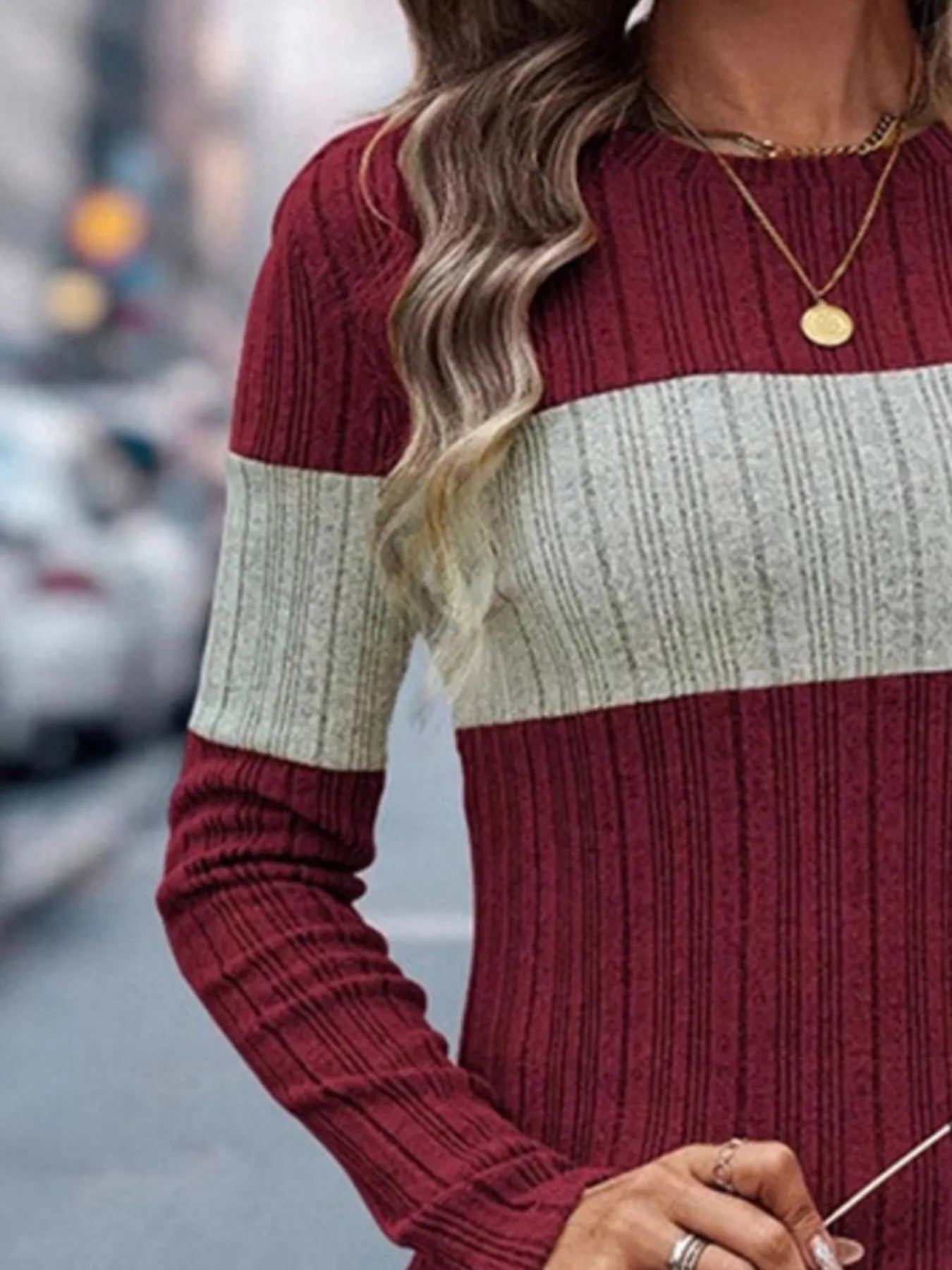 Cozy long sleeve sweater color block front style
